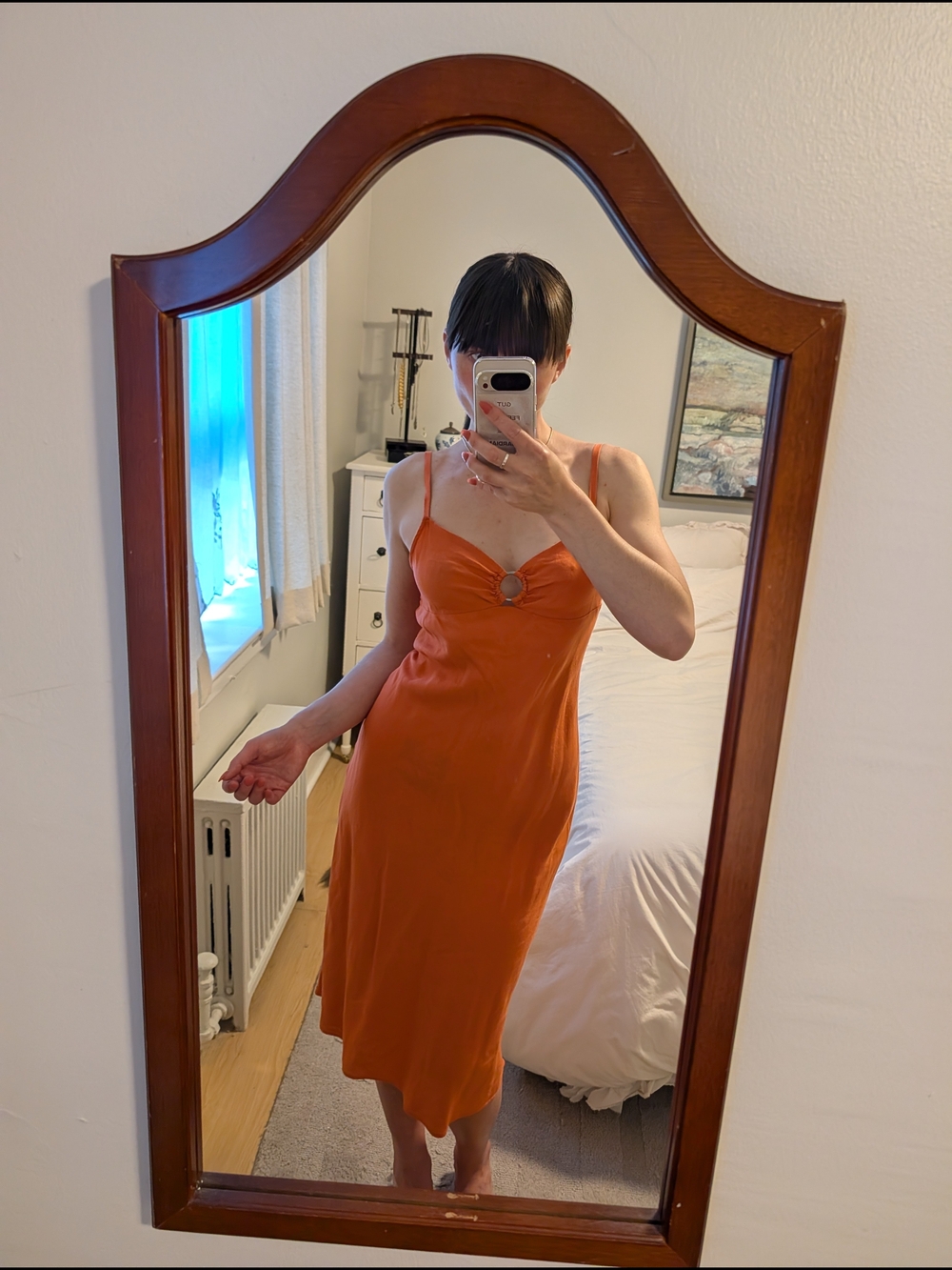 Sleek Orange Slip Dress with Ring Detail